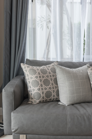 modern living room with row of pillows on grey sofa, interior design conceptの写真素材
