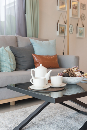 set of tea cup on tray in modern living room, interior design conceptの写真素材