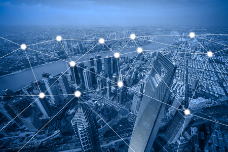 network and connection concept with cityscape as background, business concept, vintage style processの写真素材