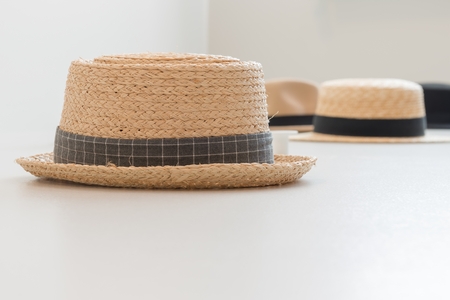 hats hanging on wall, interior design decoration conceptの写真素材