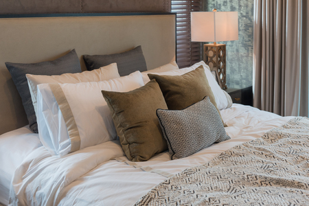 luxury bedroom style with set of pillows on bed, interior decoration design conceptの写真素材