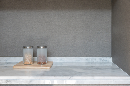 Food ingredients on counter top kitchen, marble top counter in modern kitchenの写真素材