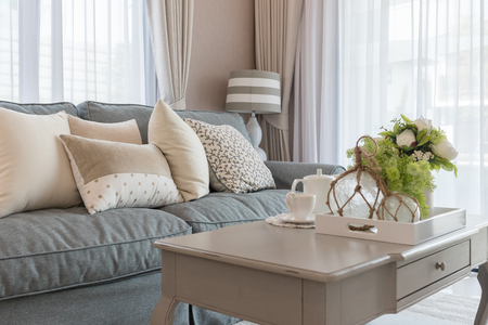 classic living room style with elegance sofa and set of pillows, interior design decoration conceptの写真素材