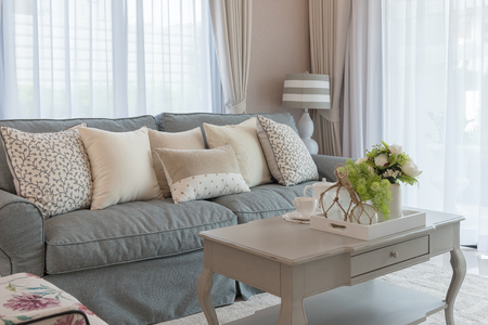 classic living room style with elegance sofa and set of pillows, interior design decoration conceptの写真素材