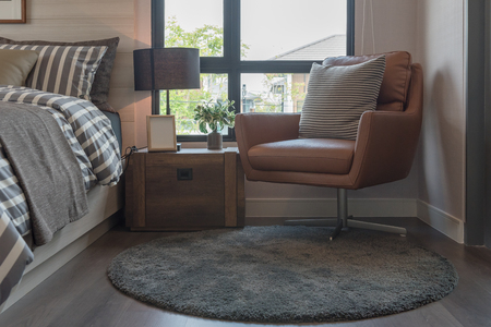 modern bedroom with set of sofa and table side on carpet, interior decoration design conceptの写真素材
