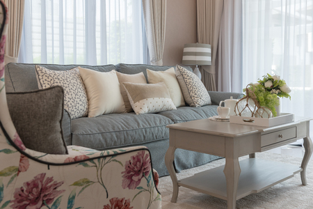 classic living room style with elegance sofa and set of pillows, interior design decoration conceptの写真素材
