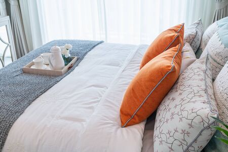 classic bedroom style with set of tea cup on wooden plate, interior design concept decorationの写真素材
