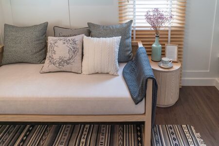 modern living room style with modern sofa and set of pillows, interior design decoration conceptの写真素材
