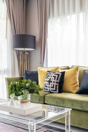 modern living room style with modern sofa and set of pillows, interior design decoration conceptの写真素材