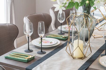 classic dining room with wooden table and chair, interior design concept decorationの写真素材