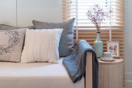 modern living room style with modern sofa and set of pillows, interior design decoration conceptの写真素材
