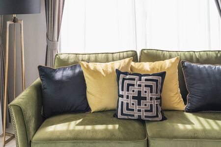 modern living room style with modern sofa and set of pillows, interior design decoration conceptの写真素材