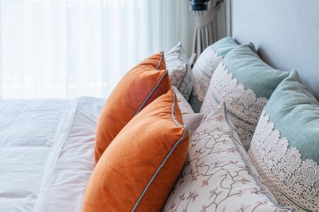 classic bedroom style with set of tea cup on wooden plate, interior design concept decorationの写真素材