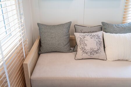 modern living room style with modern sofa and set of pillows, interior design decoration conceptの写真素材