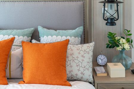 classic bedroom style with set of tea cup on wooden plate, interior design concept decorationの写真素材