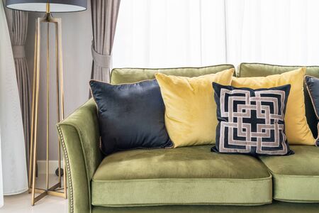modern living room style with modern sofa and set of pillows, interior design decoration conceptの写真素材