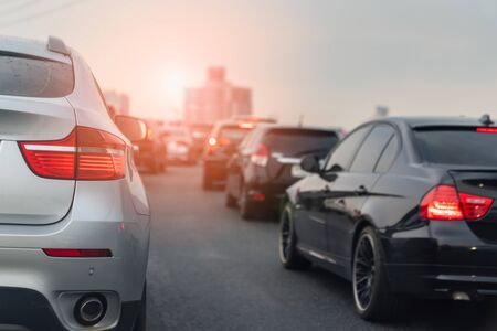 traffic jam with rows of cars on express way rush hourの写真素材