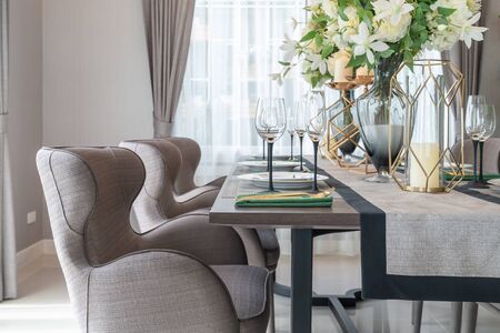 classic dining room with wooden table and chair, interior design concept decoration