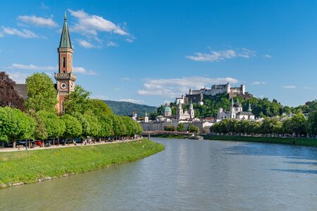 Classic view of historic city, beautiful view of Salzburg skyline with Festung Hohensalzburg and Salzach river in summer, Salzburg,Austriaの写真素材