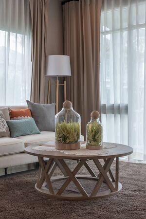 classic living room with set of pillows on white sofa, interior design decoration conceptの写真素材