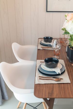 modern dining room with table set for dining, interior design conceptの写真素材