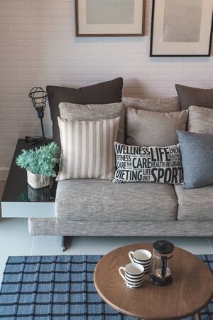 modern living room with set of pillows and cushions on sofa, interior design concept decorationの写真素材