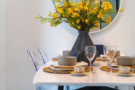 modern dining room with table set for dining, interior design conceptの写真素材