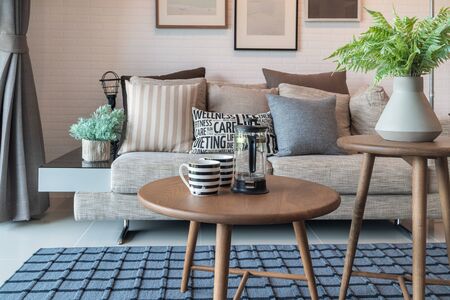 modern living room with set of pillows and cushions on sofa, interior design concept decorationの写真素材