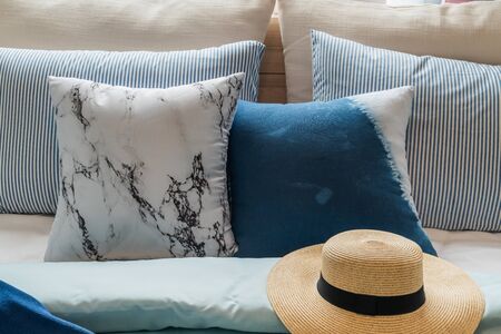 modern bedroom with set of pillows on bed, interior design concept decorationの写真素材