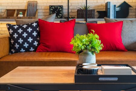 modern living room style with set of pillows on sofa, interior design concept decorationの写真素材