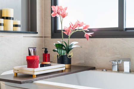 modern white bath tub with equipment of aromatherapy at home, interior design decorationの写真素材