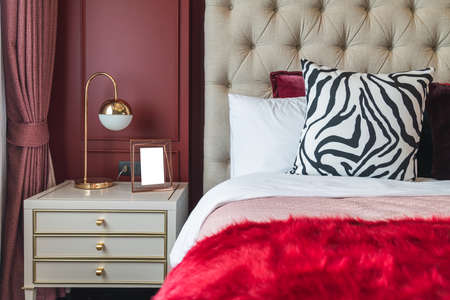 modern bedroom style with set of pillows on bed, interior design concept decorationの写真素材
