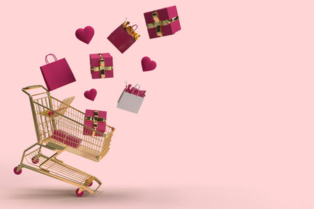 Gifts and shopping bags fly away from golden shopping cart on sweet pink background , the love concept for shopping on valentines day with sweet and romantic momentの写真素材