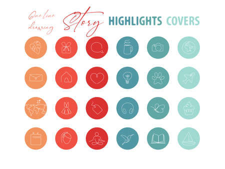 Social Media Highlights Stories Covers. Hand-drawn one line icons and color palette. Family, pet, nature, spa, travel and food, sport, fashion, home. Vectorのイラスト素材