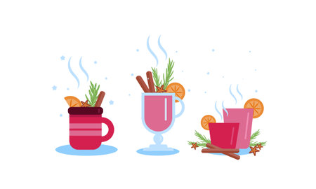 Set with mulled wine cups, isolated on white. Cute vector illustration in flat styleのイラスト素材