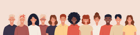 Multiethnic group of people of young different nationalities. Concept of human resources. Illustration in flat styleの写真素材