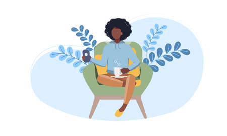 Young afro American woman relaxing at home on chair. Flat Vector Illustration. Female Character, Chatting Online Using Smartphone, Drinking Hot Tea.のイラスト素材