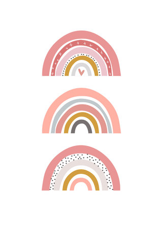 Three baby cute rainbow graphic illustration. Art rainbow color brush stroke. Baby design for birthday invitation or baby shower, poster, clothing, nursery wall art and postcard.のイラスト素材