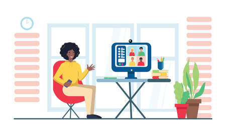 Woman using computer for collective virtual meeting and group video conference. Woman at desktop chatting with friends online. Vector illustration for videoconference, remote work, technology conceptのイラスト素材
