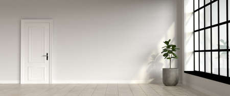 Interior scene: empty living room in a loft style building with bright wall, stone floor, fig tree...
