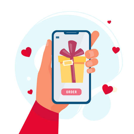 Smartphone in a hand with gift on screen. The concept of online shopping. Vector illustration in flat styleのイラスト素材