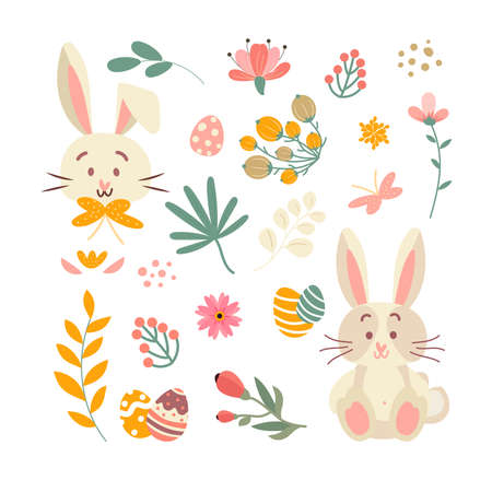 Set for Happy Easter with flowers, rabbit, eggs and flower elementsのイラスト素材