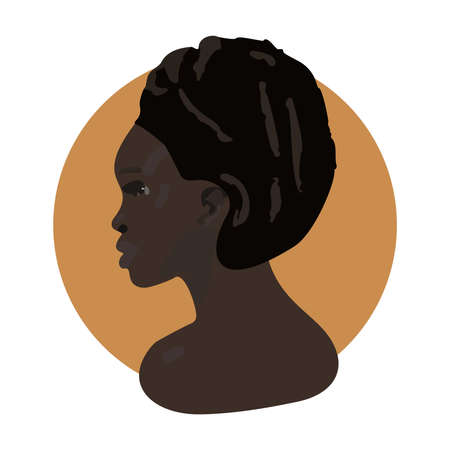 Portrait of a beautiful attractive african american woman on yellow round background. Vector illustration in simple styleのイラスト素材