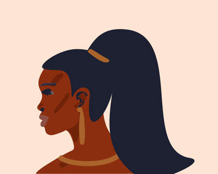 Portrait of a beautiful attractive african american woman on yellow round background. Vector illustration in simple styleのイラスト素材