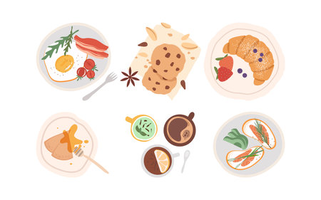 set with breakfast meals and drinks isolated on white background. Bacon and egg, pancakes, sandwiches with salmon and avocado, croissant, cups of tea and coffee.のイラスト素材