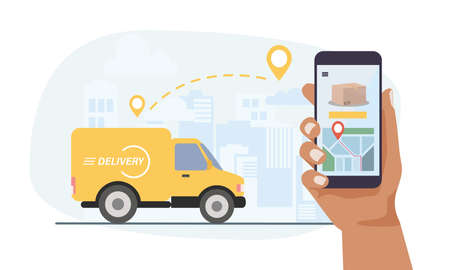 Delivery service concept, yellow delivery car, hand holding smartphone with location and parcel. Vector illustration in flat styleのイラスト素材
