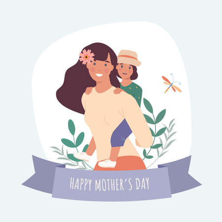 Happy mothers day. Happy toddler daughter rides on her mother and smiling together. Joyful mommy playing with her little kid. Vector illustration in a flat styleのイラスト素材