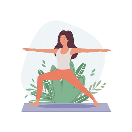 Set of tranquil women with closed eyes meditating in yoga postures. Meditation practice. Concept of zen and harmony. Flat vector illustration isolated on whiteのイラスト素材