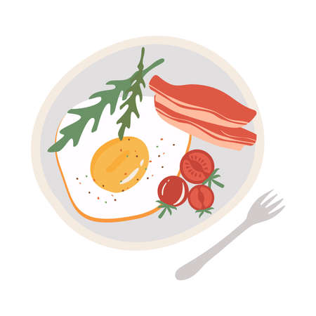 Breakfast with scrambled eggs and bacon. Vector illustration in flat style.のイラスト素材