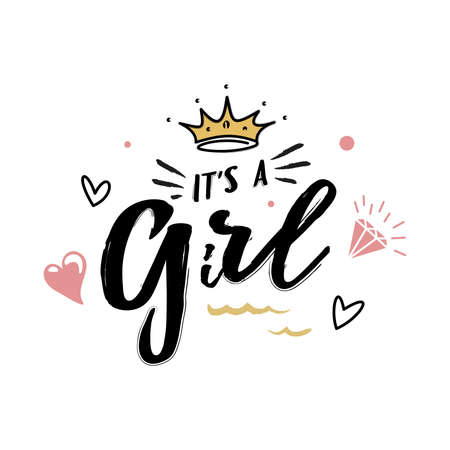 Its a girl flat hand drawn lettering with crown. Ink calligraphy. Cartoon hearts and diamond postcard. Gender reveal party vector greeting card. Baby shower, arrival celebration invitation cardのイラスト素材